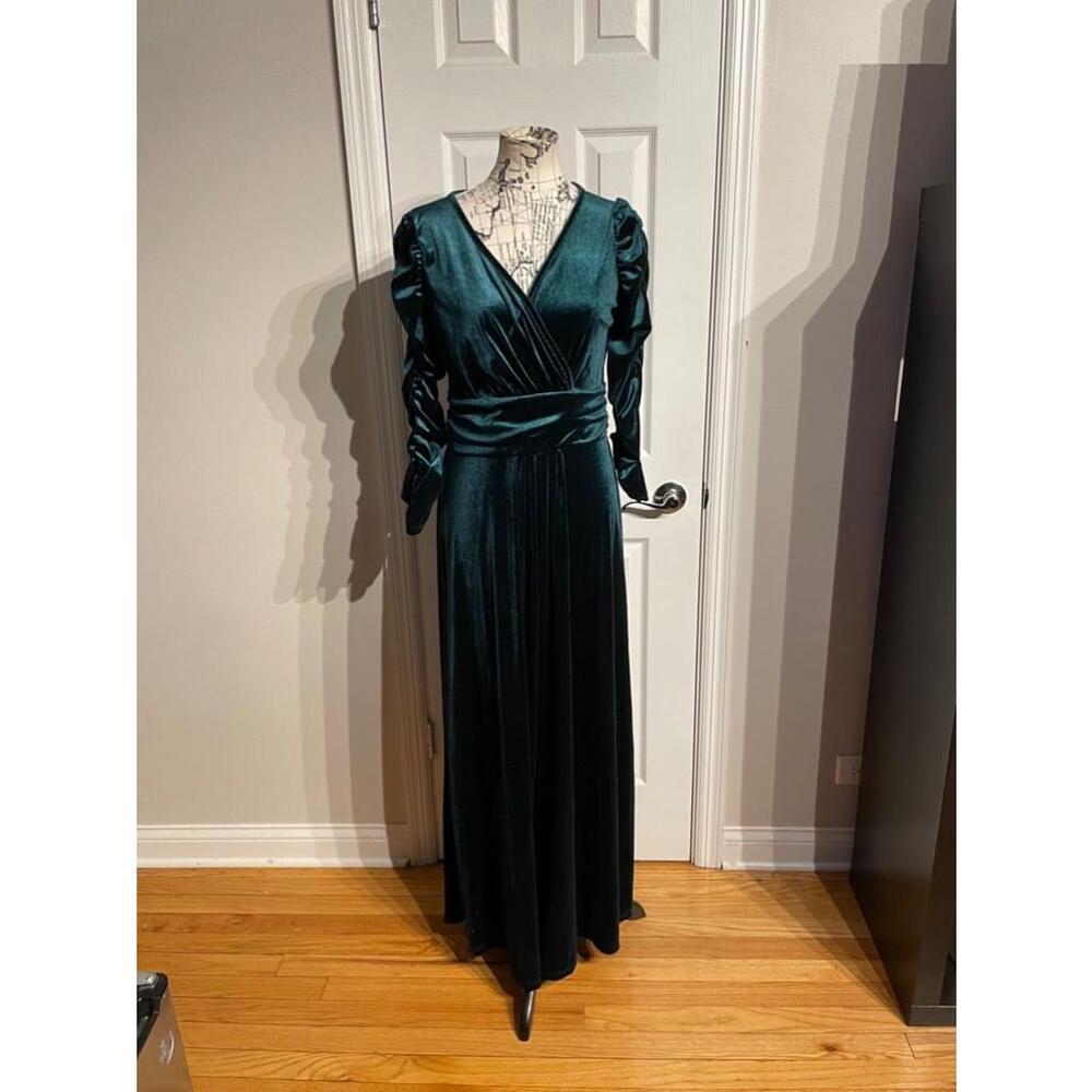 Velvet Velour Emerald Draped Flare Long Sleeve Evening Gown holiday costume